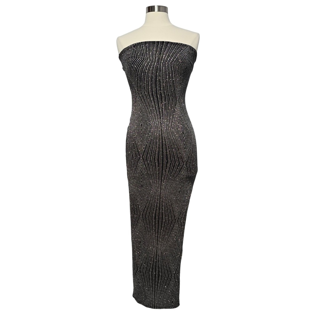 JOAH Black Sparkle Geometric Cutout Strapless Gown Dress S Formal Thigh Slit‎